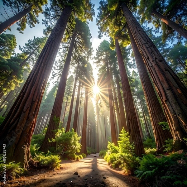Obraz Sunlight streams through towering trees in a forest path