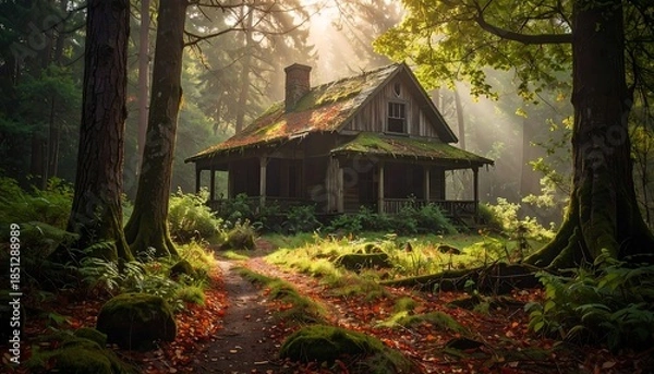 Obraz Sunlit cabin in a misty forest