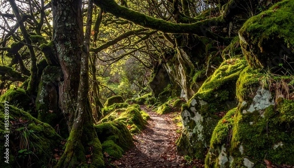 Obraz Sunlight filters through a mossy forest path
