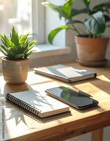 Obraz Sunlit desk with notebooks, phone, and plants