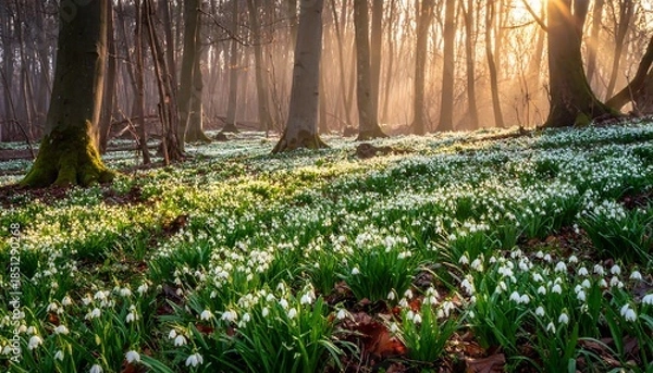 Obraz Sunlit forest floor blanketed in snowdrops