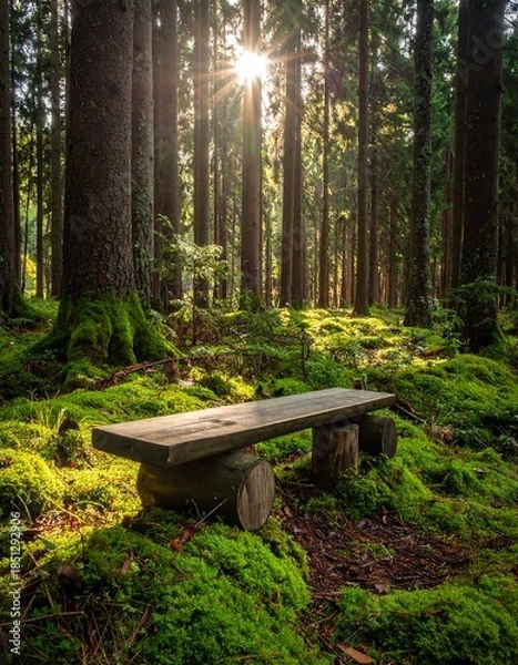Obraz Sunlit forest with wooden bench