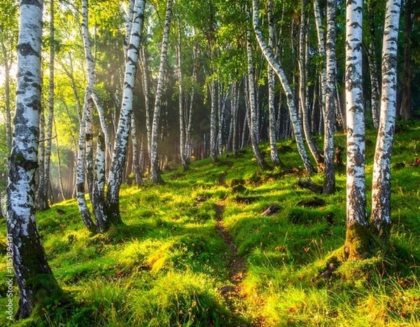Obraz Sunlit path through a birch forest