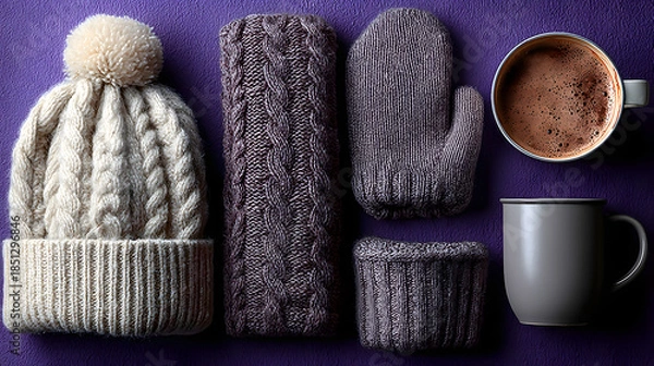 Fototapeta Winter essentials flat lay with knitted accessories on purple background
