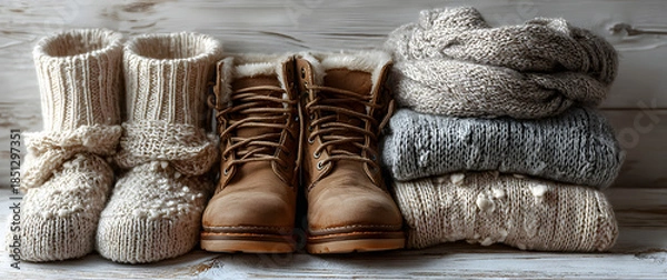 Fototapeta Cozy winter apparel flat lay Creamy knitwear, warm boots, textured scarves on white wood, image, winter