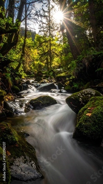 Obraz Sunlit stream flowing through a lush forest