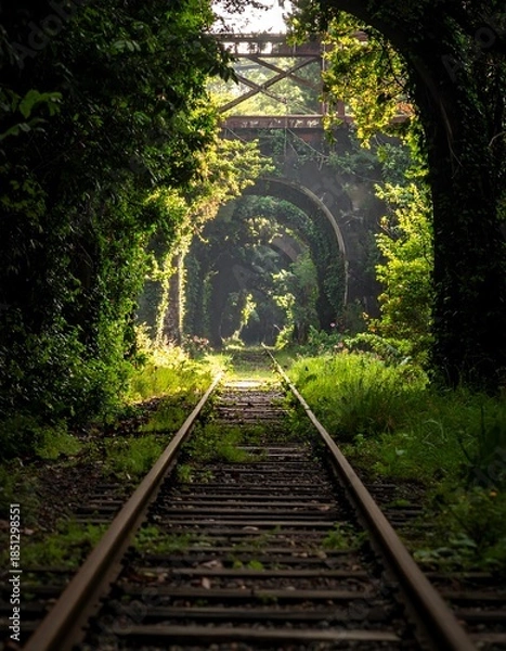 Obraz Sunlit train tracks disappearing into a lush green tunnel