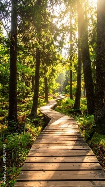 Obraz Sunlit wooden path through a lush forest