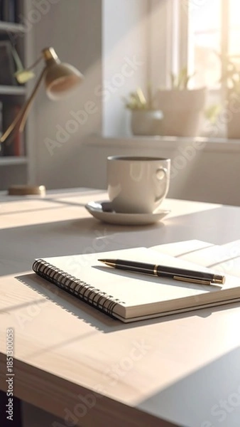 Obraz Sunlit workspace with coffee and notepad