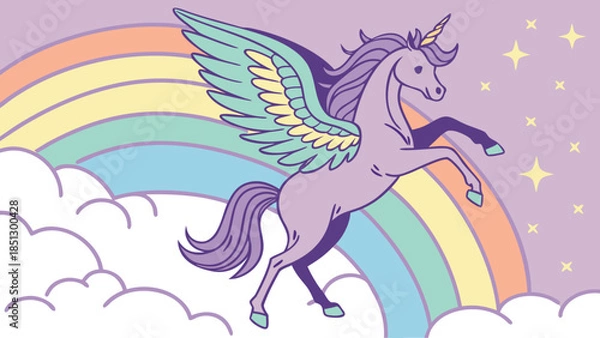 Obraz Mythical unicorn with wings flying over rainbow and clouds Vector