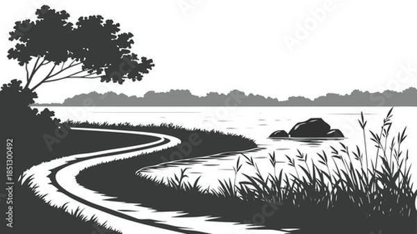 Obraz Serene lake scene with winding path and trees Vector