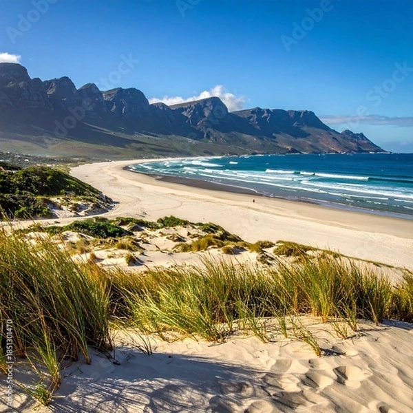 Obraz Sunny beach scene with dunes and mountains