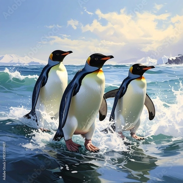 Obraz Three penguins waddle through waves