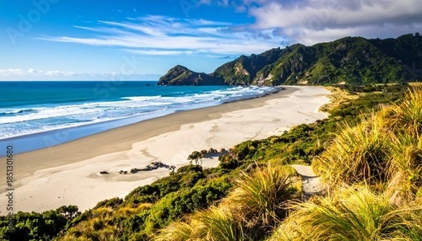 Obraz Sunny beach scene with lush greenery