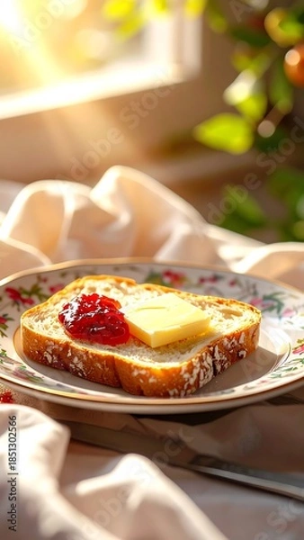 Obraz Sunny breakfast toast with butter and jam
