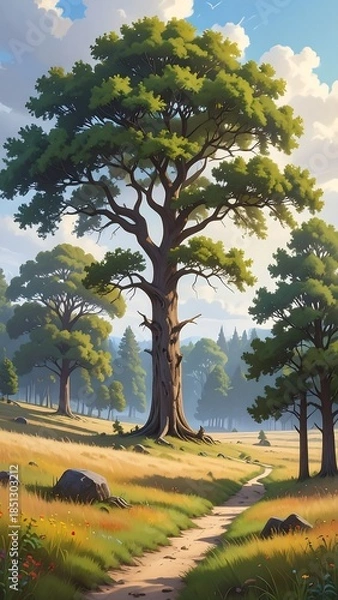 Obraz Sunny forest path, towering tree