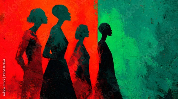 Fototapeta Black silhouettes of women, vibrant green and red background. Possible use social justice, civil rights