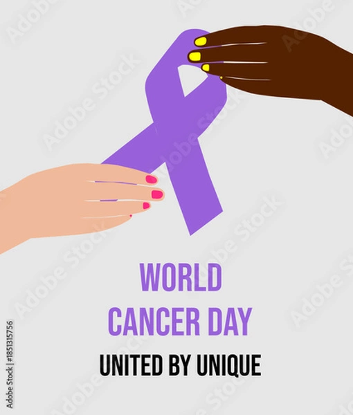 Fototapeta World Cancer Day banner with the 2025-2027 theme "United by Unique" and a purple ribbon held by a white and black woman's hand