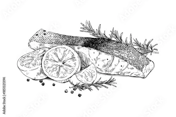 Fototapeta Hand-drawn sketch of grilled salmon fillet with lemon slices, rosemary, and pepper on white background, representing gourmet seafood cuisine