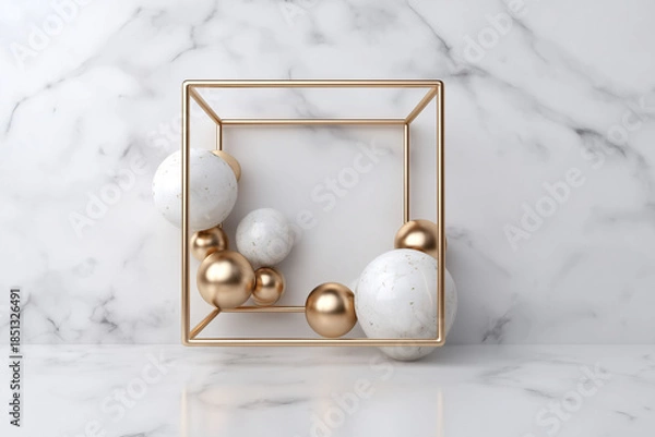 Obraz Luxury Abstract 3D Composition with Gold Frame and Marble Spheres on White Background
