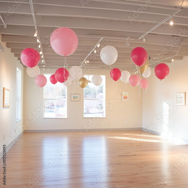 Obraz Minimalist Art Installation with Hanging Spheres in Bright Gallery Interior