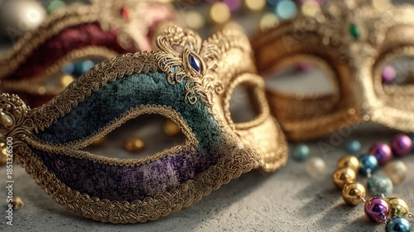 Obraz Vibrant Mardi Gras scene with colorful beads and fresh tomatoes being sliced