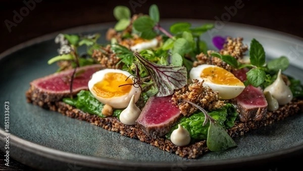 Obraz Pickled Pigeon Egg, Brined Deer Steak & Wild Rice Dry Bread 