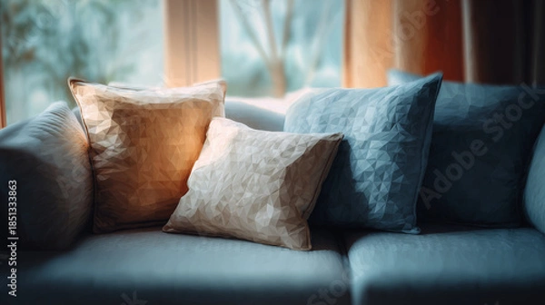 Obraz ソファに置かれたクッションカバーが、くつろぎの時間を演出する温もりあるリビングの情景の水彩ポリゴン