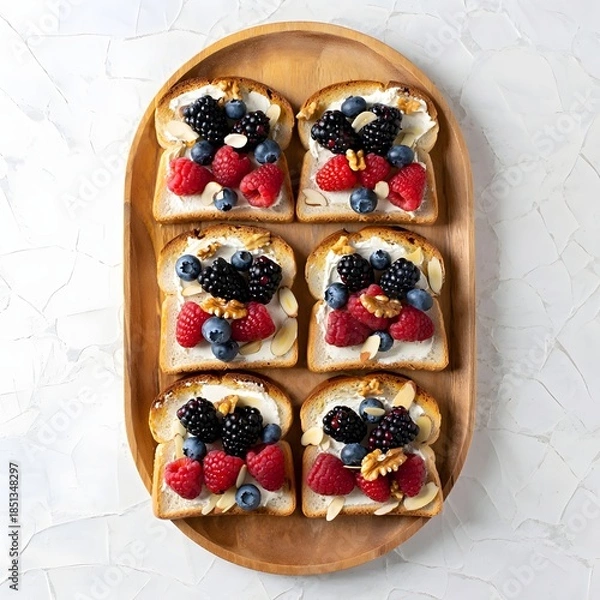 Obraz Six slices of toast with cream cheese and mixed berries