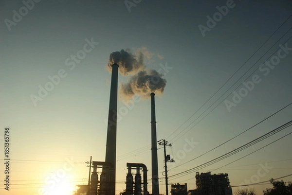 Obraz  『周南コンビナート』えんとつの煙とHIKARI! 地球環境 SDGs  工場汚染 山口県観光