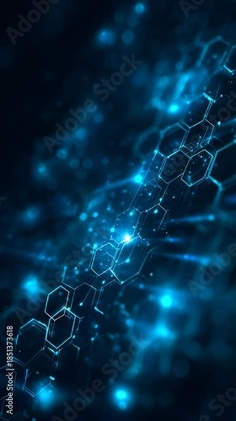 Obraz Abstract Dark Blue Hexagonal Network Background with Glowing Points and Bokeh Effect Technology Connection Structure