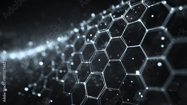 Obraz Abstract Dark Hexagonal Grid Network with Glowing Nodes, White Lines, Black Background, Shallow Depth of Field, Modern Tech Design, Data Visualization Concept