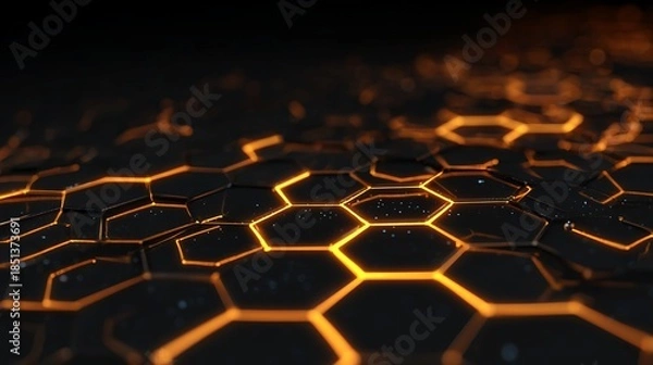 Obraz Abstract Dark Hexagonal Grid with Glowing Orange Edges in Low Angle View under Spot Lighting