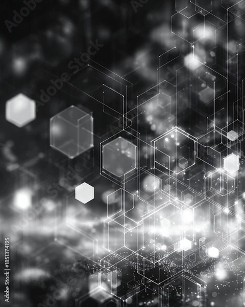 Obraz Abstract Geometric Network with Hexagonal Elements and Glowing Particles on a Dark Background