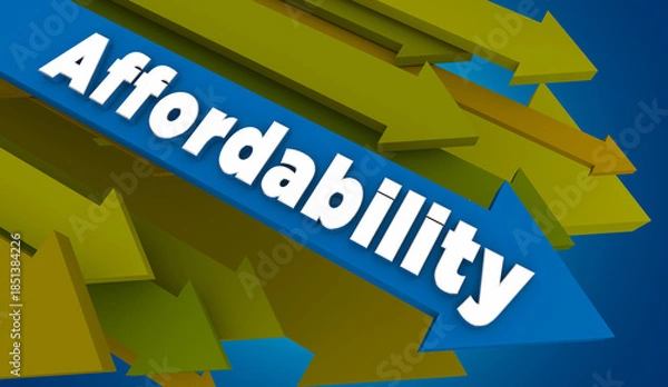 Obraz Affordability Decline Fall Decrease Arrow Down Prices Costs Rising Higher Inflation 3d Illustration