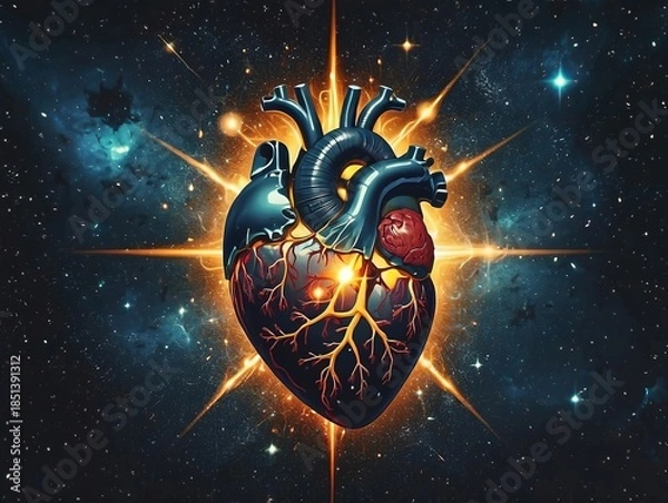 Obraz Anatomical heart glowing in outer space with starburst background