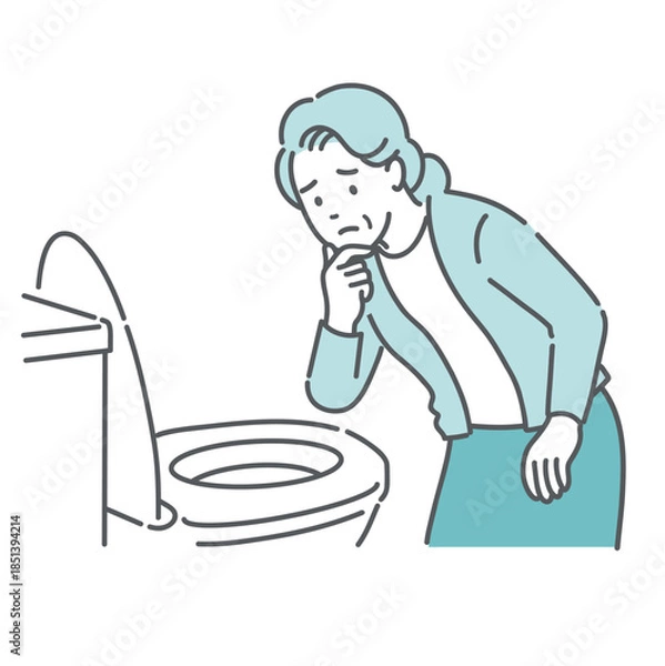 Obraz トイレで便の状態を確認して悩む高齢女性のイラスト（便秘・排泄トラブル・介護）