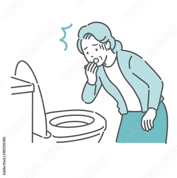 Obraz トイレで便を見て驚愕する高齢女性のイラスト（血便・下血・異常発見）