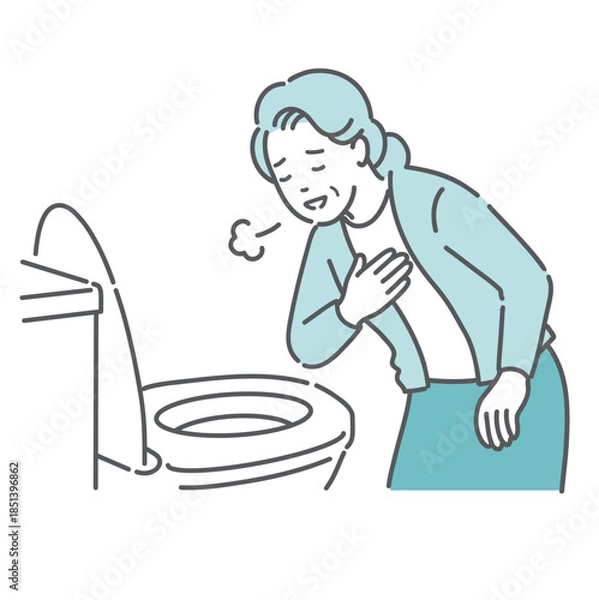 Obraz トイレで便の状態を確認して安心する高齢女性のイラスト（異常なし・便秘解消・介護）