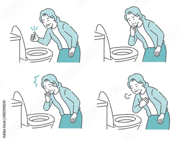 Obraz トイレで便の状態を確認する高齢女性のイラストセット（OK・困る・驚く・安心）