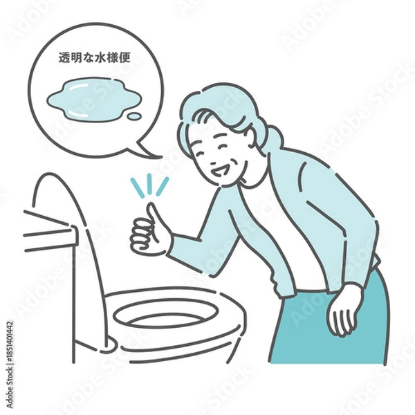 Obraz トイレで「透明な水様便」を確認してOKサインを出す高齢女性のイラスト（大腸カメラ前処置・吹き出し）
