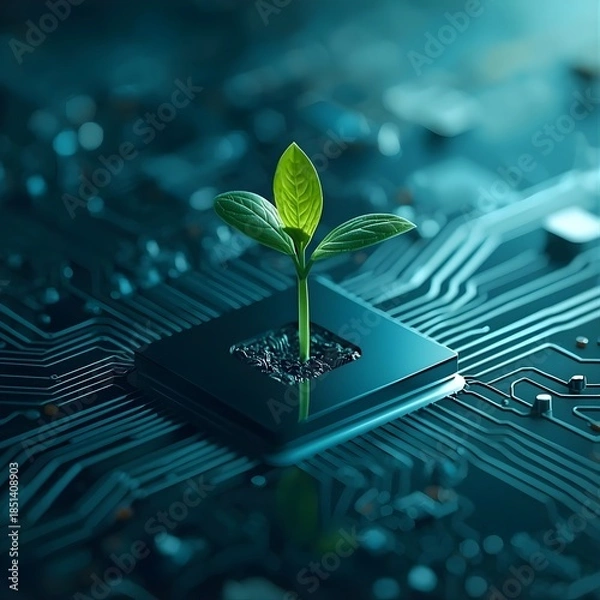 Obraz Seedling sprouting from microchip illustrating biotech innovation