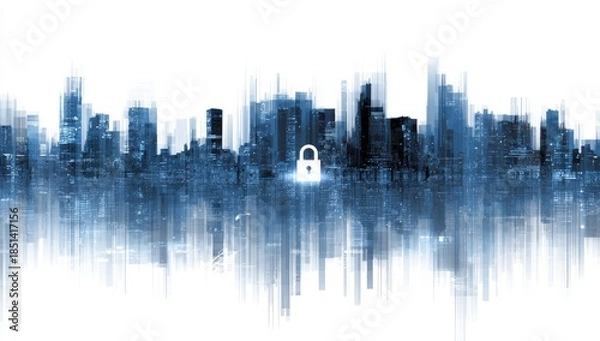 Obraz Abstract cityscape with glowing padlock symbol, digital data effect