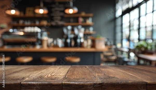 Obraz Rustic wooden table in the foreground, blurred cafe interior background