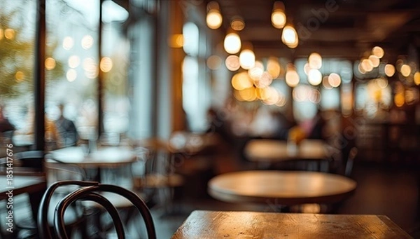 Obraz Cozy cafe interior with warm lighting and tables
