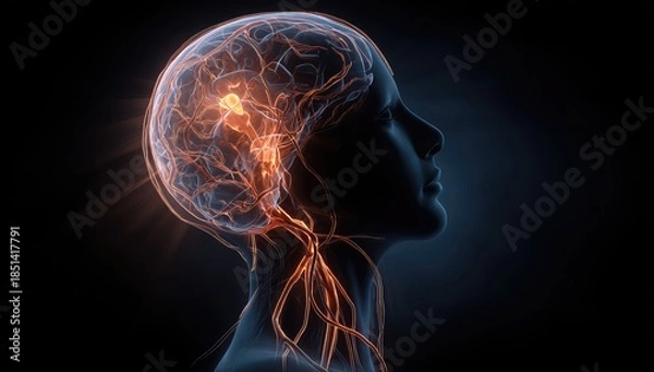 Obraz Illuminated neural pathways within a translucent human head silhouette
