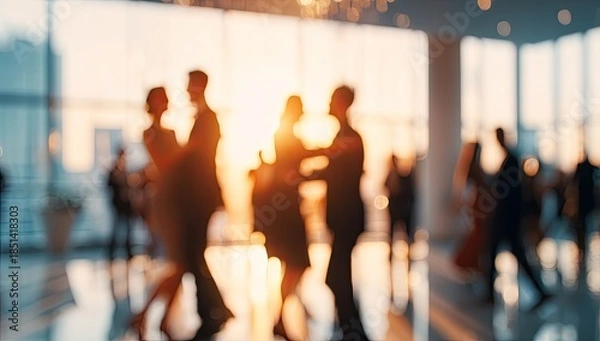 Obraz Silhouettes of people dancing and mingling in a sunlit atrium with large windows