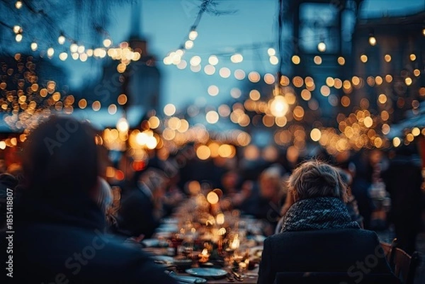 Obraz Festive outdoor dining scene with blurred figures under warm string lights
