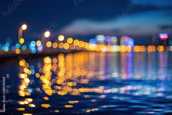 Obraz Blurred night cityscape with glowing lights reflected on water