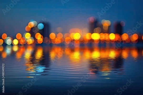 Obraz Distorted city lights reflected on a rippling blue water surface at dusk